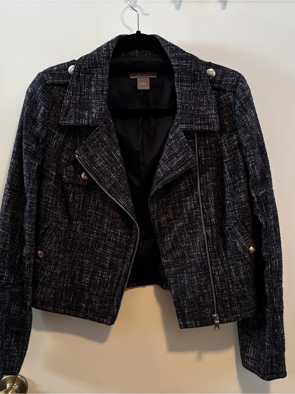 Anne Klein Black & White Tweed Cropped Moto Blazer